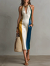 White Color Block Halter Slim Elegant Midi Dress