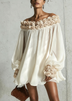 White Loose Long Sleeve Mini Dress With 3D Floral Detail