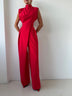 Red Sleeveless Back Cutout Button Top & Red Wide‑Leg Pants Set