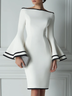 White Fitted Bell Sleeve Elegant Midi Dress
