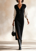 Black V‑Neck White Spliced Long Sleeve Casual Midi Dress