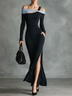 Black Off‑Shoulder Irregular Neckline Fitted Slit Maxi Dress