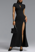 Black Turtleneck Cut Out Button Detail Fitted Maxi Dress