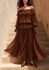 Brown Off‑Shoulder Top And Ruffle Hem Maxi Skirt Set
