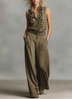Beige Ruffle Sleeveless Top Wide Leg Pant Set