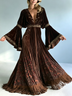 Elegant V-Neck Printed Velvet Tassel-Accented Bell Sleeves Maxi Dress