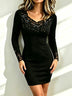 Elegant Black Ribbed Knit Mini Dress with Lace Trim & Rhinestone Embellishment
