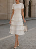 Round Neck Short Sleeve Tiered Cake Midi Dress Elegant Fit And Flare Work Dress