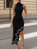 Black Sleeveless Fitted Asymmetrical Hem Elegant Midi Dress