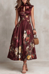 Black Keyhole Collar Floral Pleated Satin Midi Dress