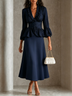 Womens Navy Ruffled V Neck Peplum Blouse High Waist A Line Midi Skirt Two Piece Outfit