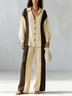 Color Block Linen Long Sleeve Button Shirt & High Waist Wide Leg Pants Co‑ord Set Outfit