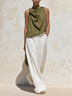 Olive Green Draped Cowl Neck Sleeveless Top & White High Waist Wide Leg Pants Two Piece Outfit