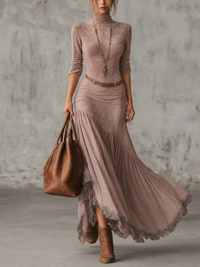 Vintage Boho Midi Maxi Dress Lace Trim