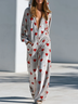Grey Long Sleeve Hooded Heart Print Casual Jumpsuit