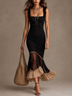 Black Spaghetti Strap Fitted Mermaid Elegant Midi Dress