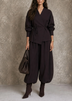 Dark Brown V‑Neck Casual Tie Top And Loose Harem Pants Set