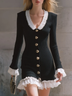 Black Slim Long Sleeve Elegant Mini Dress With White Lace Trim