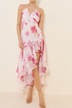 Pink Floral Print Halter Backless Ruffle Midi Dress