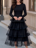 Black Long Sleeve Layered Ruffle Midi Dress