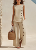 Beige Loose Button Detail Top Wide Leg Pant Set