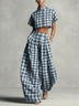Blue Plaid Stand Collar Cropped Top & Loose Casual Pants Set