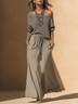 Grey Knit Loose Top & Tie‑Waist Casual Maxi Dress Set
