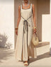 Beige Square Neck Black Trim Tie Maxi Dress