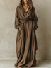 Brown faux cotton linen hooded loose maxi dress