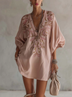 Pink V-Neck Puff Sleeve Mini Dress With Vintage Floral Embroidery