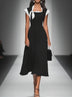 Women's Black Square Neck Cap Shoulder Sleeve Waist Midi Dress