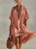 Pink V-neck Ruffled skirt hem Loose Pocketed Midi Dress