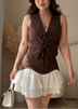 Dark Brown Sleeveless Lace-up Vest And Two-tone Ruffled Mini Skirt 2-Piece Set