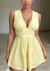 Light Yellow Lace-trimmed Deep V-neck Sleeveless Playful A-line Mini Dress