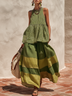 Green Retro-chic Striped Top And Color-blocked Wide-leg Pants