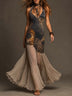 Retro Leopard Print Halter-neck Ribbed Ruffles Chiffon Maxi Dress
