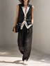 Women's White Patchwork Lapel Black Sleeveless Vest And Wide-Leg Pants Set
