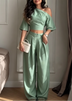 Green Elegant Off-Shoulder Linen Two-Piece Set
