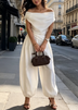 White Off Shoulder Ruched Top & Lantern Wide Leg Pants Set