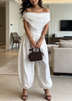 White Off Shoulder Ruched Top & Lantern Wide Leg Pants Set