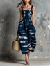 Navy Blue Retro Print Halter-Style Dress