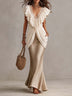 V Neck Ruffle Lace Trim Draped Overlay Top Satin Mermaid Maxi Dress Set