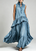 Women Vintage Stand Double-Layered Ruffled Collar Maxi Dress