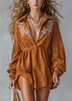 Western Floral Embroidery Brown Suede Long-Sleeved Shirt Mini Dress