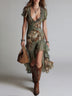 Vintage Green Floral Boho V-neck Midi Dress With Ruffled Hem