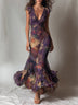 Purple Vintage Floral Deep V Ruffle Cap Sleeve Mermaid Maxi Dress