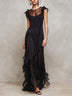 Black Layered Sheer Chiffon Ruffle-Trim Maxi Dress