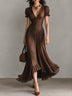 Brown Elegant Puff-sleeve Ruffled Hem Maxi Dress