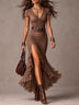 Brown V-Neck Pleated Side Slit Maxi Dress (With Belt)