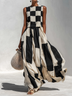 Fashionable Check And Stripe Pattern Sleeveless Maxi Dress